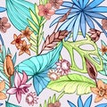 Vector seamless beautiful artistic bright tropical pattern with banana, Syngonium and Dracaena leaf, summer beach fun Royalty Free Stock Photo