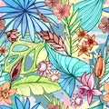 Vector seamless beautiful artistic bright tropical pattern with banana, Syngonium and Dracaena leaf, summer beach fun Royalty Free Stock Photo