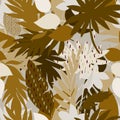 Vector seamless beautiful artistic bright tropical pattern with banana, Syngonium and Dracaena leaf, summer beach fun Royalty Free Stock Photo