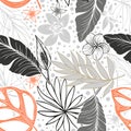 Vector seamless beautiful artistic bright tropical pattern with banana, Syngonium and Dracaena leaf, summer beach fun Royalty Free Stock Photo