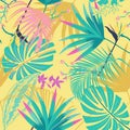 vector seamless beautiful artistic summer pastale bright tropical pattern with exotic forest. Colorful cute original stylish