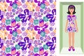 Vector seamless beautiful pattern for baby clothes fabric, wrapping, scarf, hijab. Cartoon brunette doll in a cardboard box Royalty Free Stock Photo