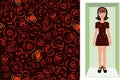 Vector seamless beautiful floral pattern for womenÃ¢â¬â¢s fabric, wrapping, scarf, hijab. Cartoon brunette doll in a cardboard box in