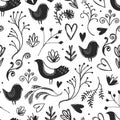 Vector seamless bird doodle pattern. Hand drawn swirls, florals, chicken, hearts and branches. Cute black and white Royalty Free Stock Photo