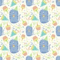 Vector seamless birthday pattern with cartoon cat. Cupcakes with candles, serpentine, tinsel. Pattern for paper for gift wrapping