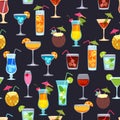 Vector seamless black pattern with tropical cocktails, juice, wine glass. Doodle background with beverages.