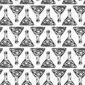 Vector seamless black and white abstract pattern of ornamental eyes in test tube