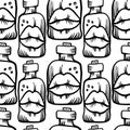 Vector seamless black and white abstract pattern of ornamental lips in test tube