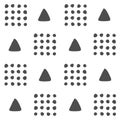 Vector seamless black and white geometric pattern of hand-drawn triangles and dots in a checkerboard pattern. For decor, textile, Royalty Free Stock Photo