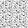 Vector seamless black and white hand-drawn pattern with swirls, stripes, musical notes and treble clef. Grunge music