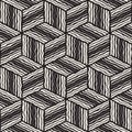 Vector Seamless Black And White Hand Painted Line Geometric Stripes Cube Pattern Royalty Free Stock Photo