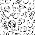 Seamless pattern with various fruit. Vector black and white contour drawing.