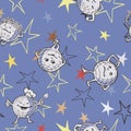 Vector seamless blue pattern with star and differently hand drawn ears. Retro print background. Chaotic elements, Effect