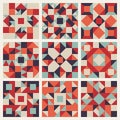 Vector Seamless Blue Red Orange Geometric Ethnic Square Quilt Pattern Collection Royalty Free Stock Photo