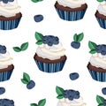 Vector seamless blueberry cupcake, cake, muffin pattern,print,wallpaper on the transparent background.