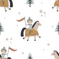 vector seamless boho pattern with cute knights