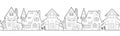 Vector seamless border with a contour country houses on white background. Horizontal monochrome frieze of outline homes front view