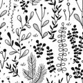 Vector seamless border with doodle forest and meadow plants. Hand drawn abstract background for frames, posters, textile Royalty Free Stock Photo