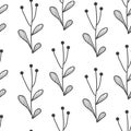 Vector seamless border with doodle hand drawn plants. Black and white. Hand drawn abstract background for frames Royalty Free Stock Photo