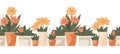 Vector seamless border with flowers and leaves in various pots isolated from background. Hobby garden. Horizontal frieze with Royalty Free Stock Photo