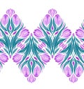 Vector seamless border with geometric crocuses. Horizontal frieze with decorative spring flowers isolated from background