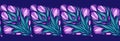 Vector seamless border with geometric crocuses. Horizontal frieze with decorative spring flowers on violet background. Tracery
