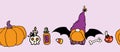 Vector Seamless Border Of A Gnome With Bat Wings, A Pumpkin In Purple And Orange Colors For Halloween. Horizontal Stripe Cartoon
