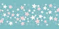Vector seamless border pattern with white and pink stars on turquoise background. Fun ditsy star print, constellations Royalty Free Stock Photo
