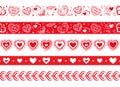 Vector seamless border set with hearts. Red and white vintage hearts Royalty Free Stock Photo