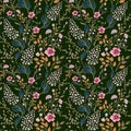 Vector seamless bright colorful gentle hand drawn little ditsy flower pattern. Bright floral allover print on black Royalty Free Stock Photo