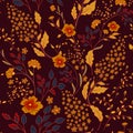 Vector seamless bright colorful gentle hand drawn little ditsy flower pattern. Bright floral allover print on black