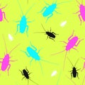 Vector seamless bright pattern with cockroaches on bright green background. Pest insects. Bugs top view Royalty Free Stock Photo