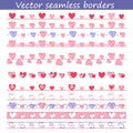 Vector seamless brush lines and borders set with hearts. Hand drawn strokes collection. Decorative design elements. Royalty Free Stock Photo