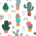 Vector seamless cactuses pattern with rainbow on white background Royalty Free Stock Photo