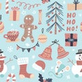 Vector Seamless Cartoon Christmas Pattern. Christmas tree and baubles, gifts, tea cup, snowman, gingerbread man, bells and ribbons Royalty Free Stock Photo