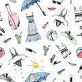 Vector seamless cartoon pattern with symbols of summer, doodle style, hand-drawn things. Umbrella, sundress, sunblock, sunglasses Royalty Free Stock Photo