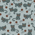 Vector seamless cat and ball pattern in grey and orange Royalty Free Stock Photo