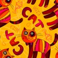Vector seamless cat and fish pattern in yellow, orange and pink