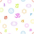 Vector seamless Chakras pattern: muladhara, swadhisthana, manipura, anahata, vishuddha, ajna, sahasrara. Om sign line symbol on a Royalty Free Stock Photo