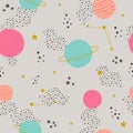 Vector seamless childish pattern with space elements: stars, planets, asteroids Royalty Free Stock Photo