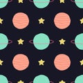 Vector seamless childish pattern with space elements: stars and planets Royalty Free Stock Photo