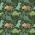 Vector seamless childrens pattern with hand drawn various dinosaurs and tropical plants in green