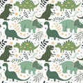 Vector seamless childrens pattern with hand drawn various dinosaurs and tropical plants in green colors.