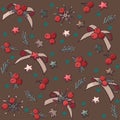 Vector seamless Christmas pattern with bows, stars and berries.