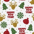 Vector seamless christmas pattern. Glitter gold, red, green snowflakes, trees, deer, inscription isolated on white. Royalty Free Stock Photo