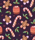 Vector seamless Christmas pattern. New year wallpaper with flat hand drawn cocoa, candy and gingerbread man confetti on dark Royalty Free Stock Photo