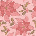 Vector seamless Christmas pattern with poinsettia and golden leaves on bright pink background Royalty Free Stock Photo