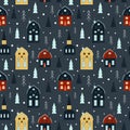 Vector seamless christmas pattern in scandinavian style. pattern with cozy houses, Christmas trees and snowfall Royalty Free Stock Photo