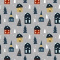 Vector seamless christmas pattern in scandinavian style. pattern with cozy houses,  Christmas trees , snowfall Royalty Free Stock Photo