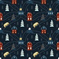 Vector seamless christmas pattern in scandinavian style. pattern with cozy houses, mountains, road, Christmas trees Royalty Free Stock Photo